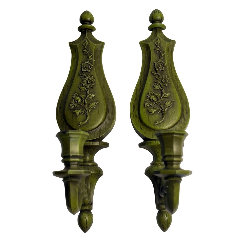 VTG Syroco Candle Sconces Green Floral Plastic Wall Hangings Hollywood Regency